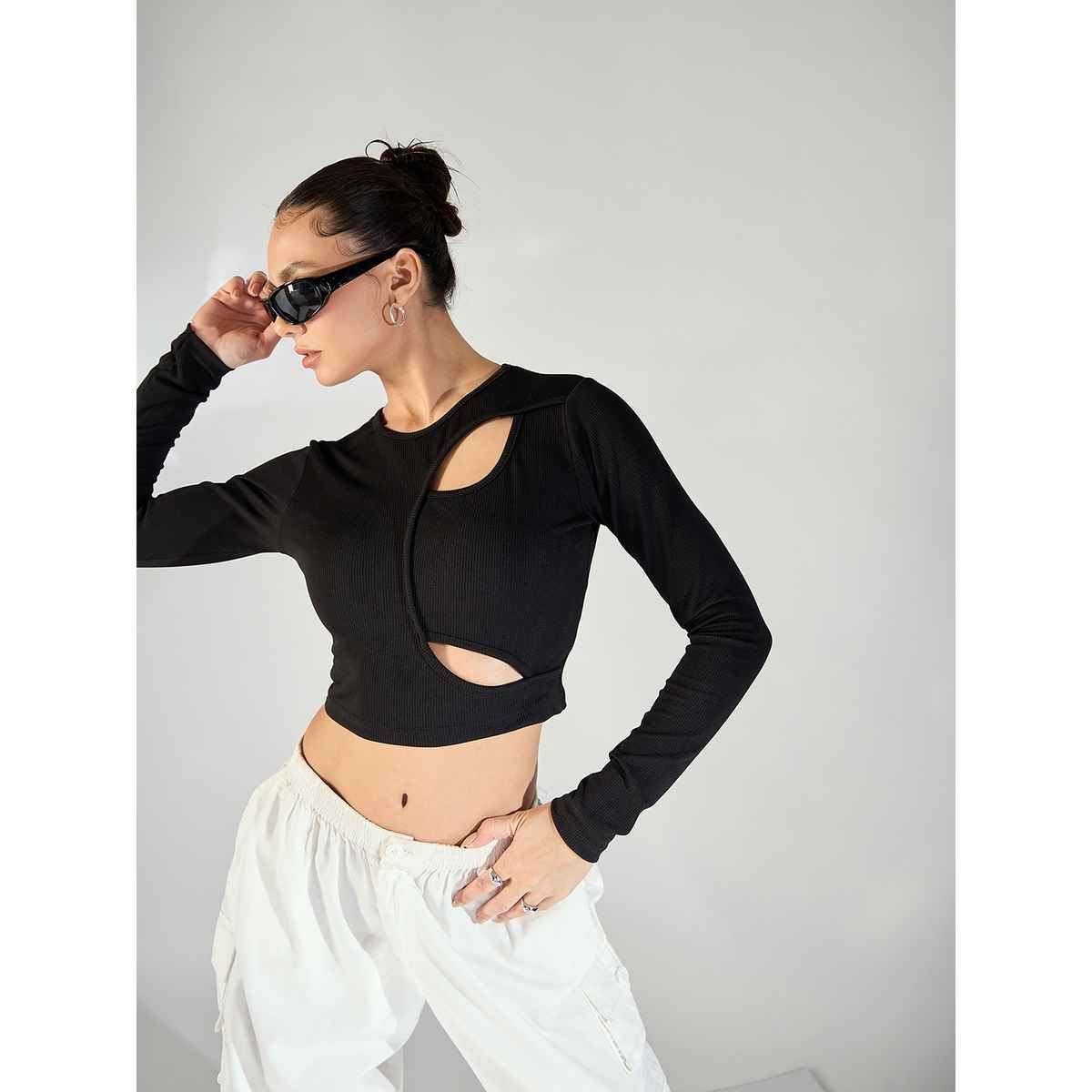 Uptownie Women's Stretchable Ribbed Top with Front Cut Outs | 120018654 | Black | XL