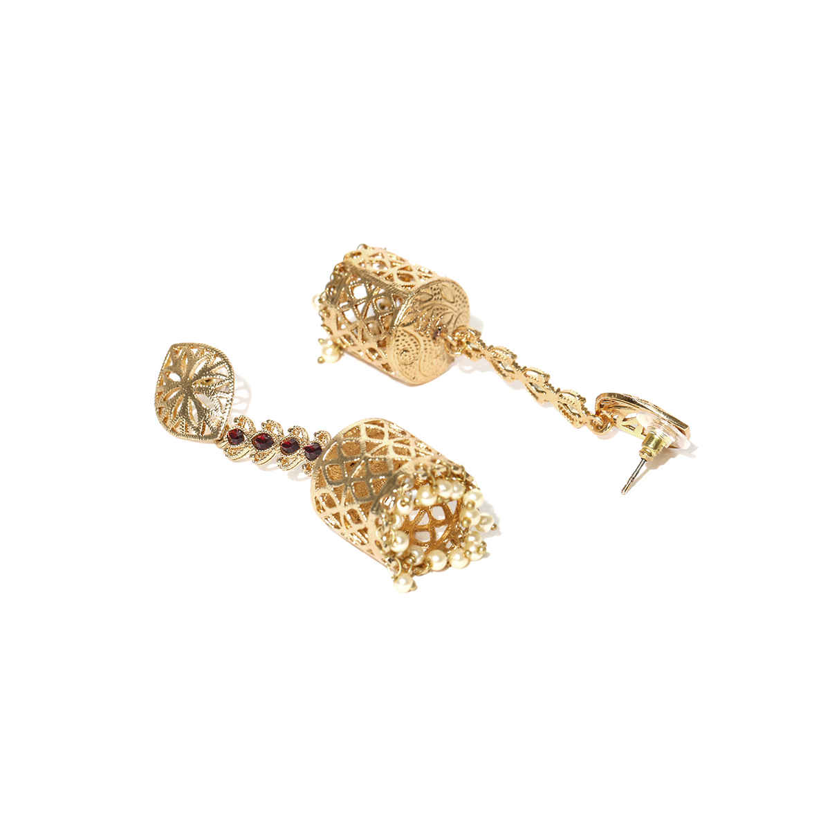 Priyaasi Gold-Plated Stones Studded Jhumka Earrings with Pearls Drop