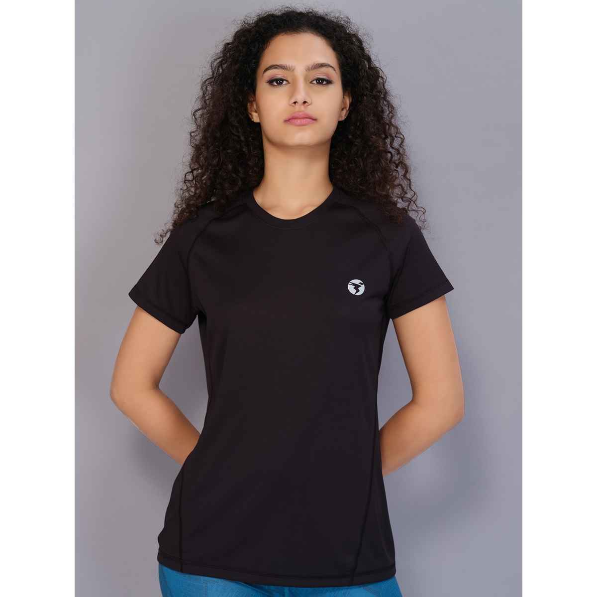Technosport Women's Solid Slim Fit Round Neck Sports T-shirt With Techno Cool | Black | M