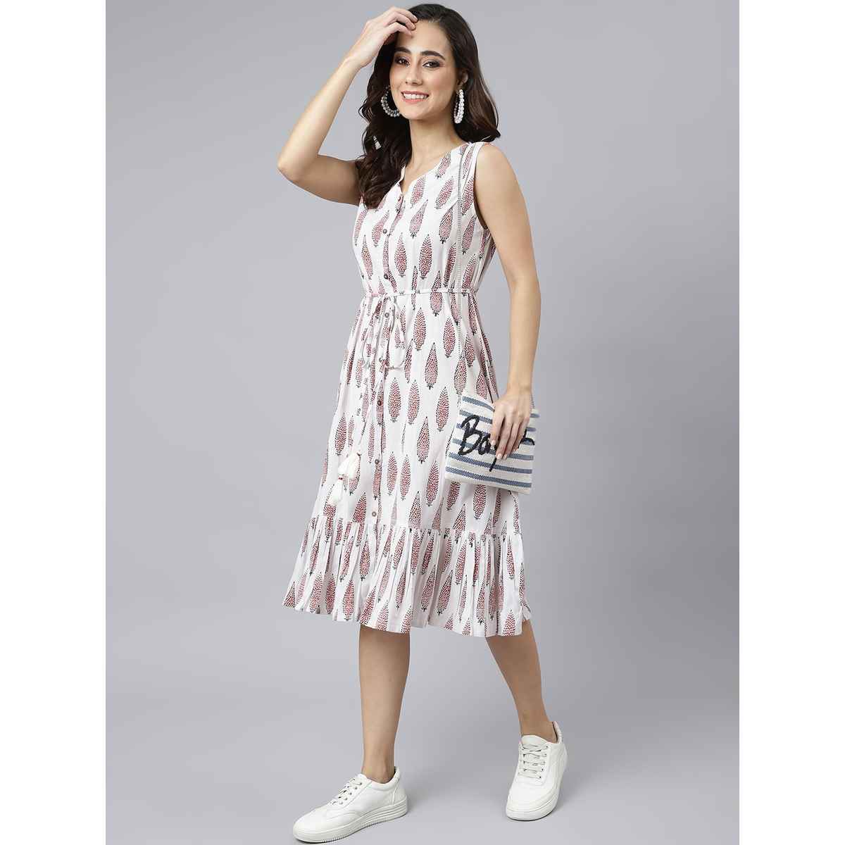 Janasya Women s White Pure Cotton Ethnic Motifs Flared Western Dress - JNE3942-DR - M