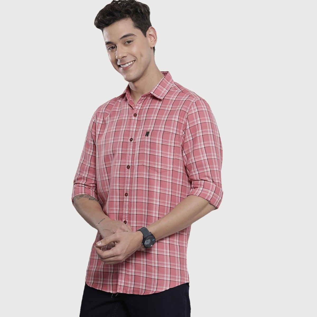The Indian Garage Co Men's Regular Fit Checkered Casual Shirt | Pink - M