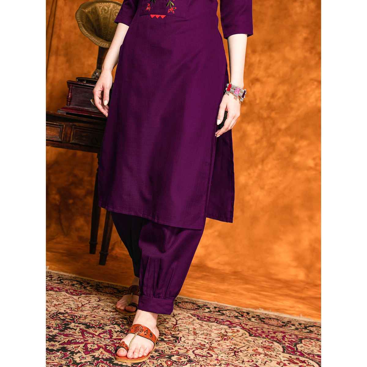 Youthnic Embroidered & Mirror Work Cotton Straight Kurta Dupatta Set | SKD44 - Sawan Wine | S