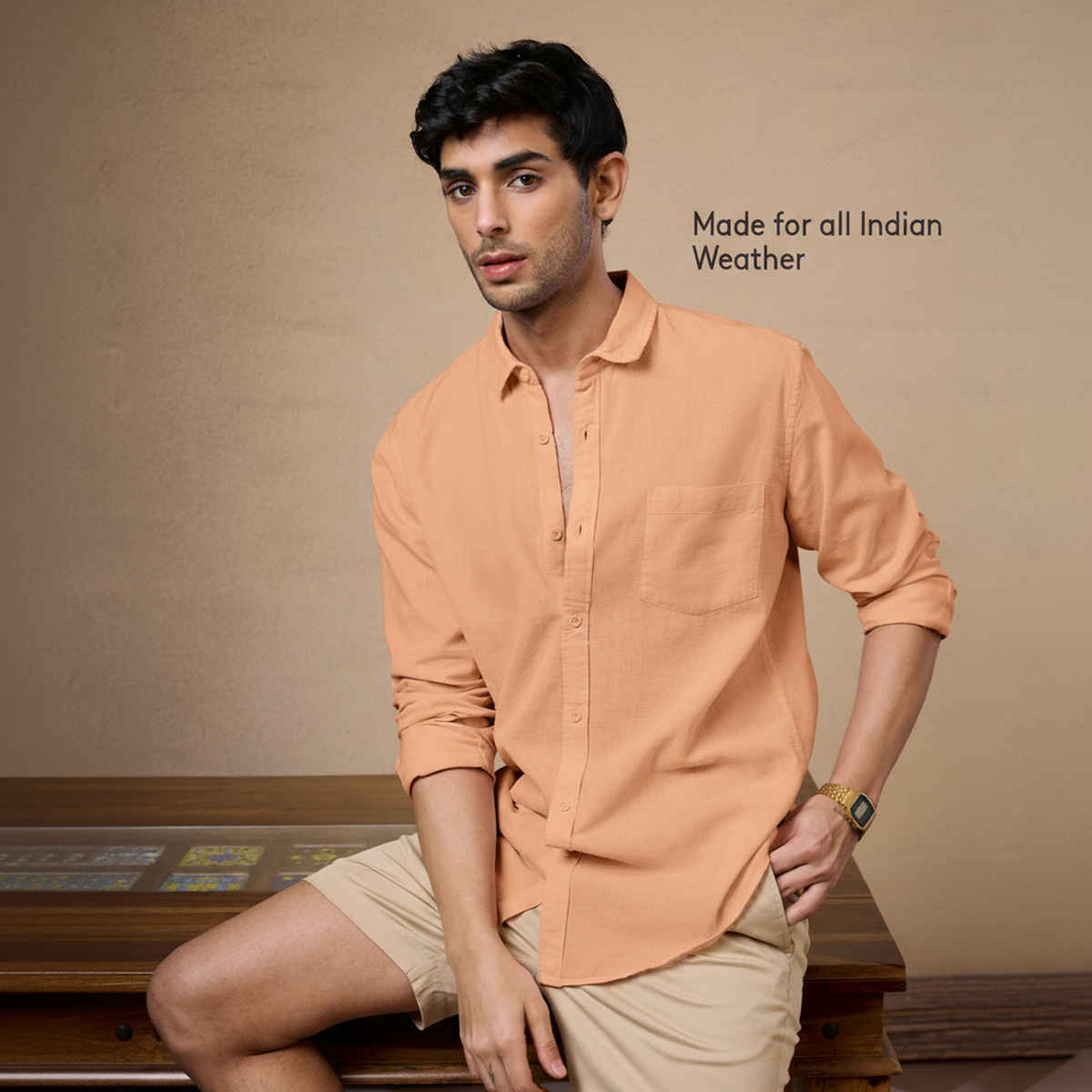 The Souled Store Men's Regular Cotton Linen Shirts | Orange | 2XL