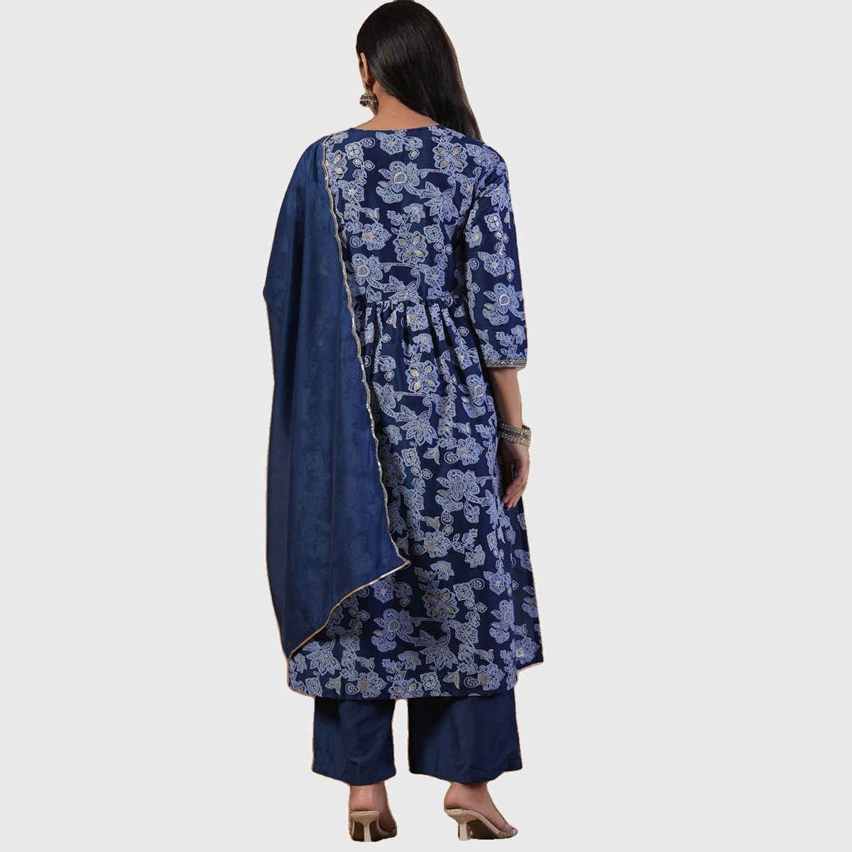 Ishin Women Straight Ethnic Poly Silk Kurta Set | INWSDAW231152 | Navy - XL