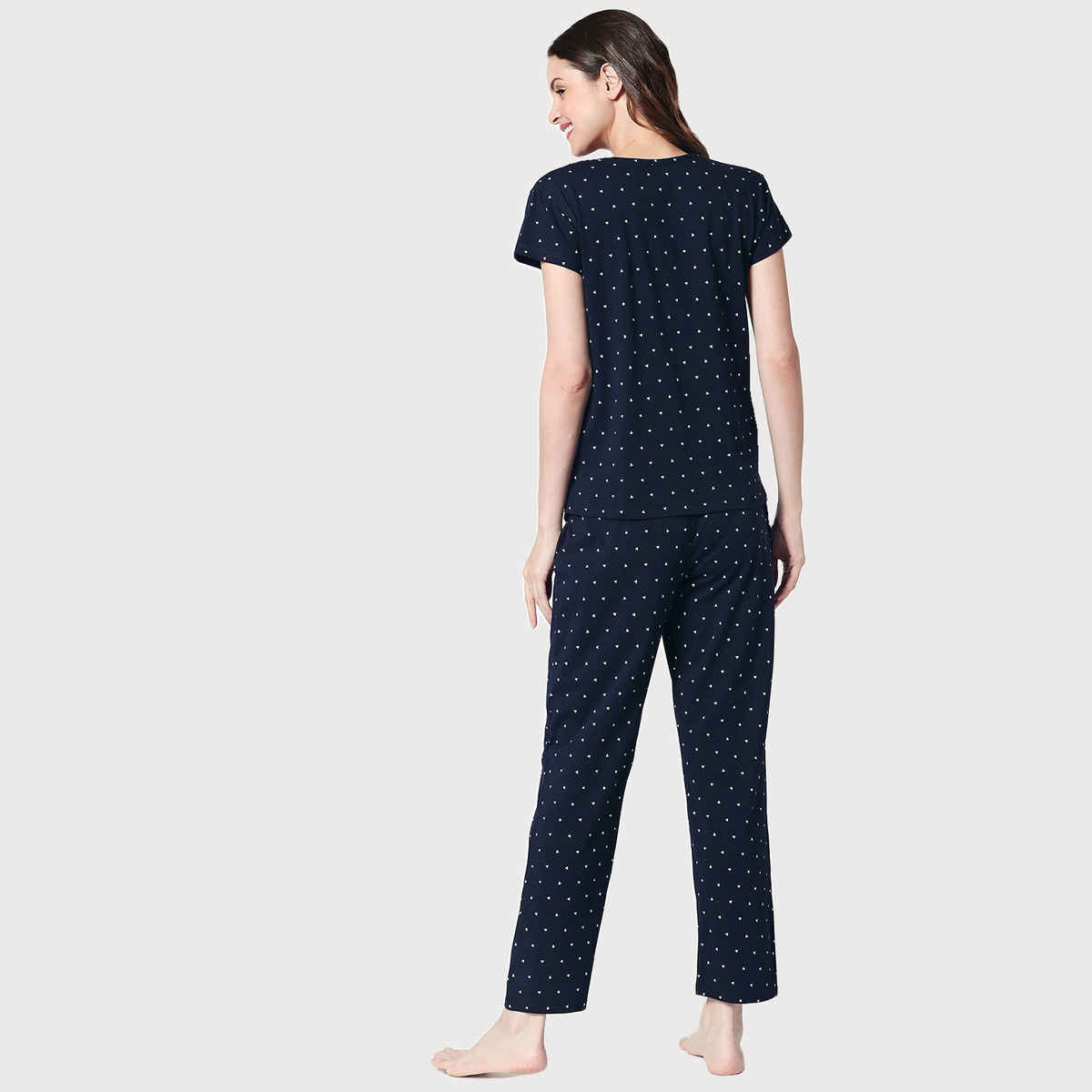 Zeyo Women Cotton 3 Pcs | Top-Pyjama-Shorts Triangle Printed Navy Blue Night Suit 5360-NY- M