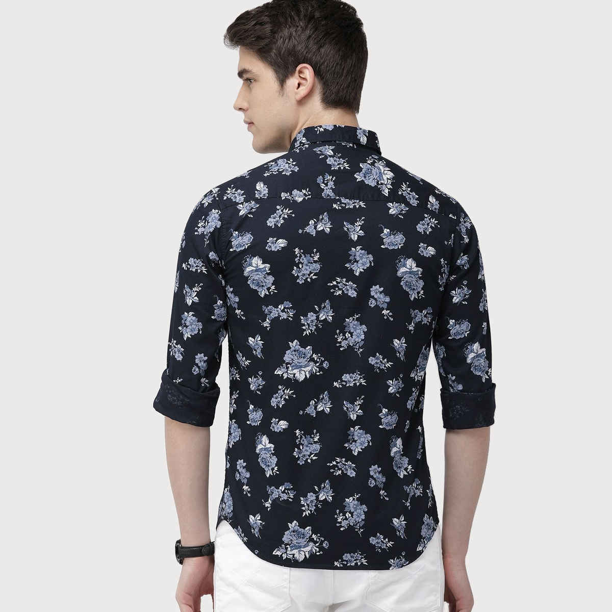 The Indian Garage Co Men's Slim Fit Floral Print Casual Shirt | Navy Blue - M