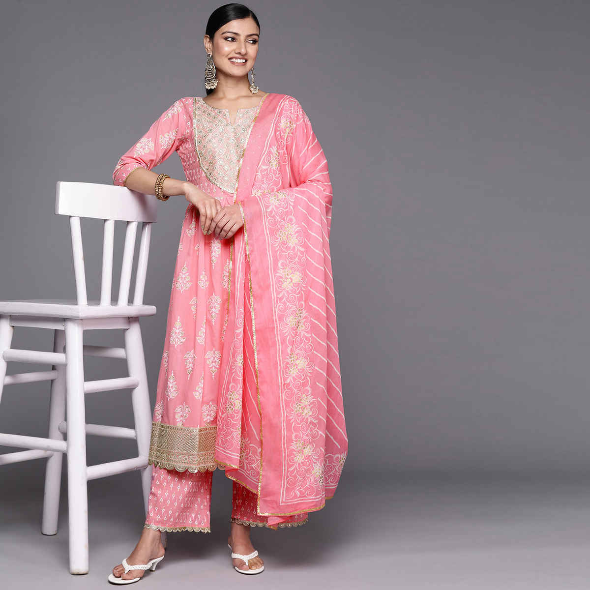 Libas Women Pink Zari Work Yoke & Tassels Detail A-Line Kurta With Palazzos & Dupatta - 34251S
