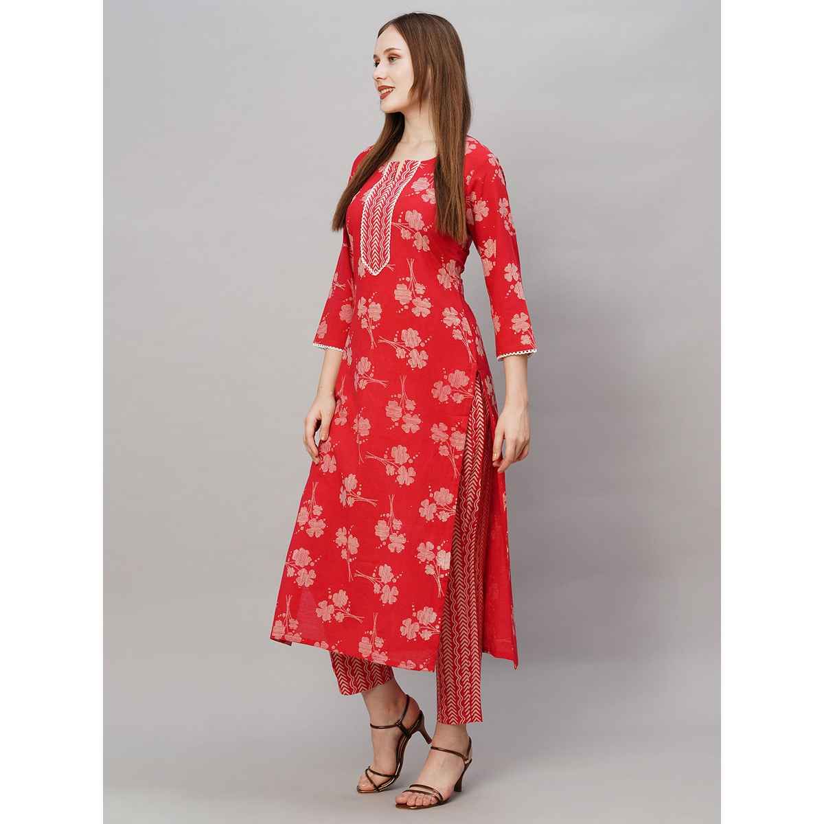 GoSriKi Women's Viscose Rayon Straight Printed Kurta with Pant | Red - L