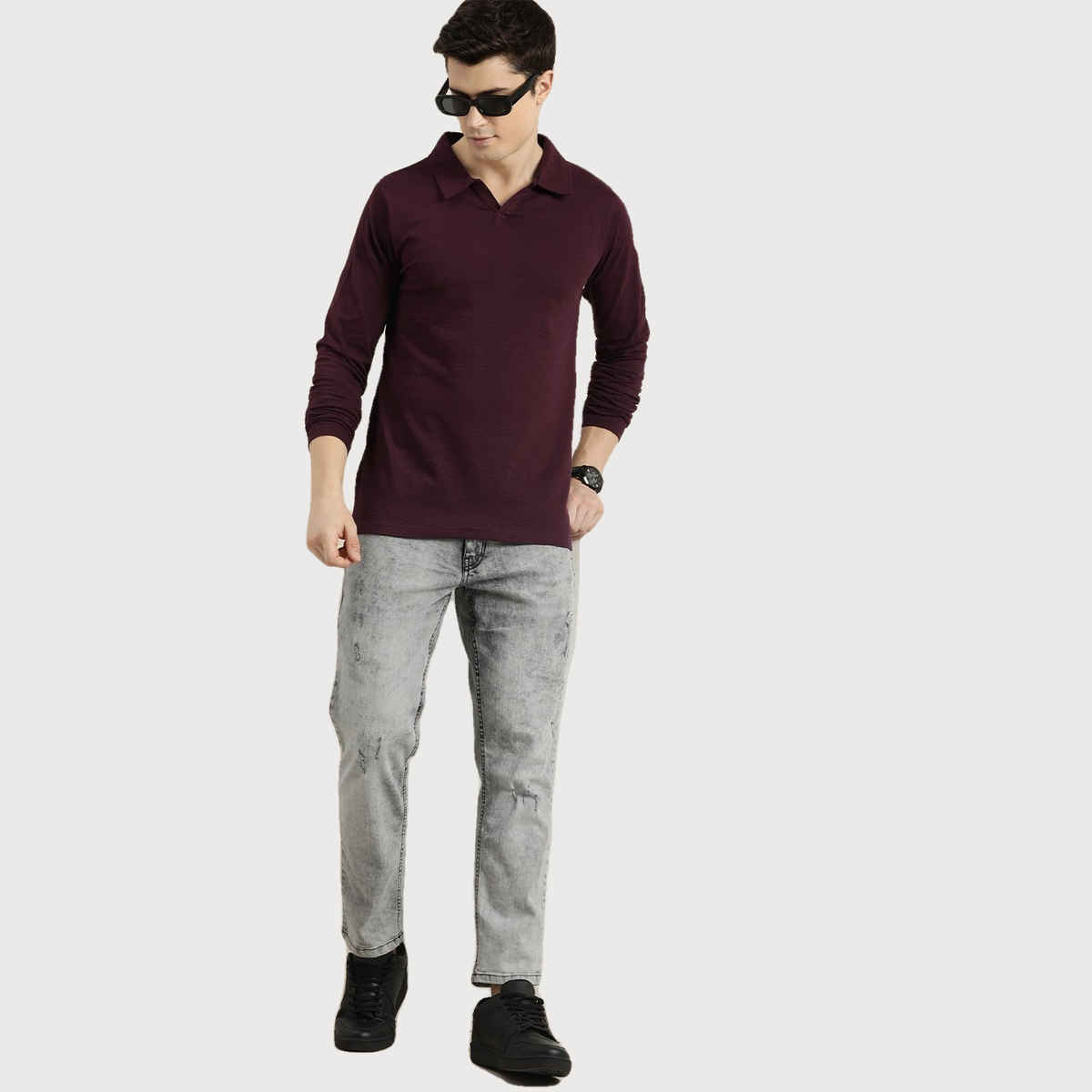 Dillinger Men's Solid Regular Fit Polo Collar Long Sleeve T-shirt | Brown - M