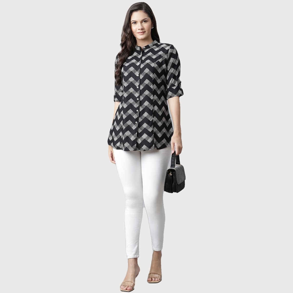 Divena Rayon Zigzag Print Women's Shirt Style Top | DBK0373 | Black - M