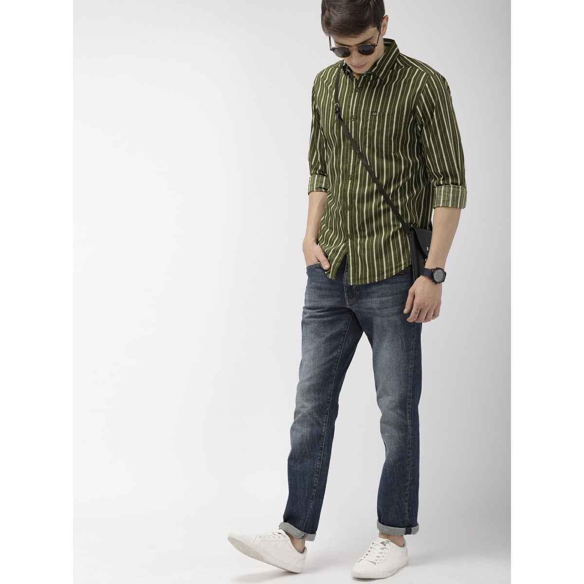 The Indian Garage Co Men's Slim Fit Multi Stripes Casual Shirt | Olive - M