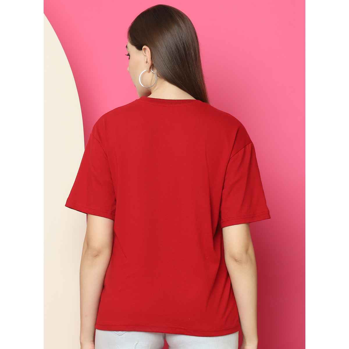 Fabflee Women Oversize Cotton Printed Round Neck Tshirt | Red | FAB-OS-521 | M