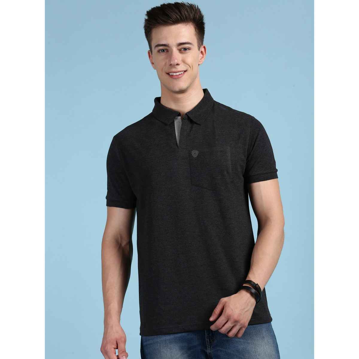 Lux Cozi Men's Solid Cotton Polo T-shirt with Pocket | Black Melange - XL