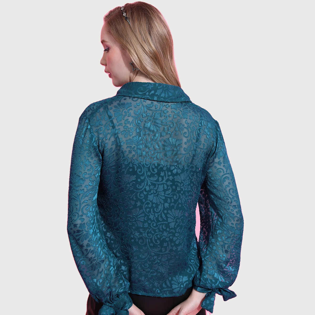 Ketch Women's Self Design Semi Sheer Lace Shirt Style Top | Teal | L