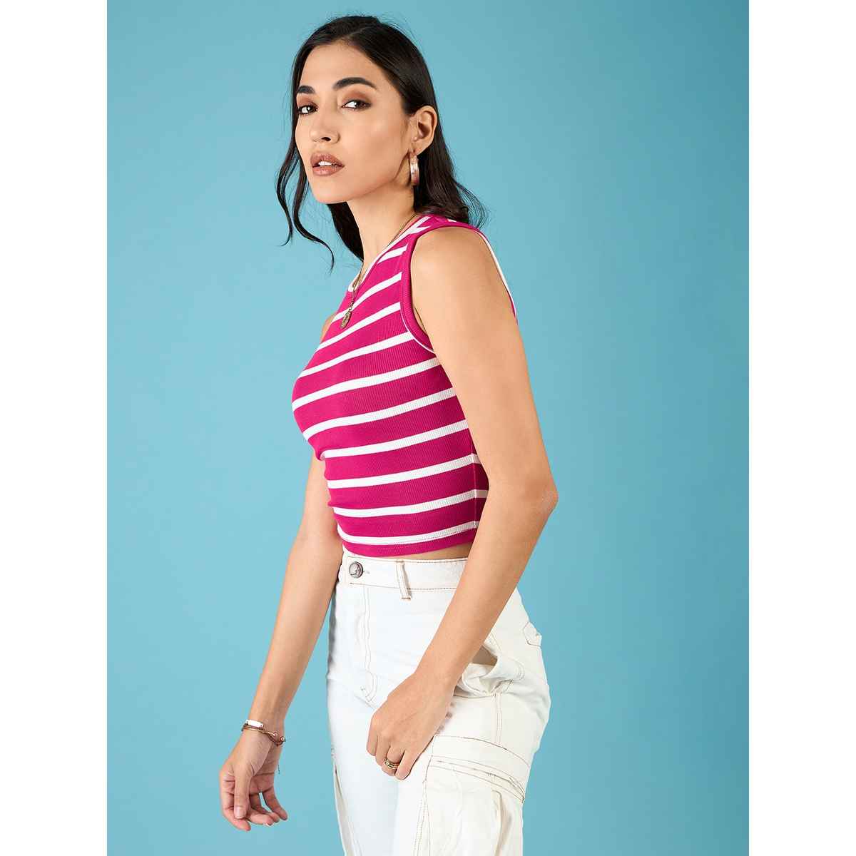 Uptownie Women's Stretchable Ribbed Sleeveless Crop Top | 120018867 | Pink | S