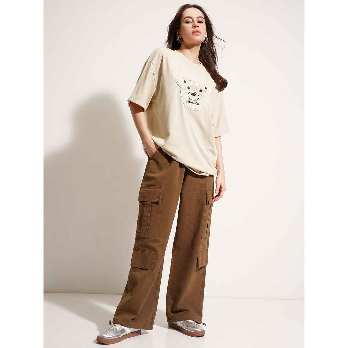 Tokyo Talkies Women's Solid Oversized Embroidered T-shirt | Beige - S
