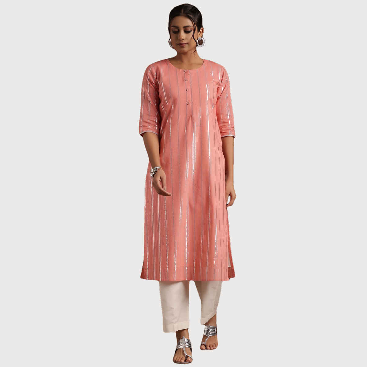 Libas Women's Woven Design Cotton Straight Kurta | 29197 29197 | Peach - L