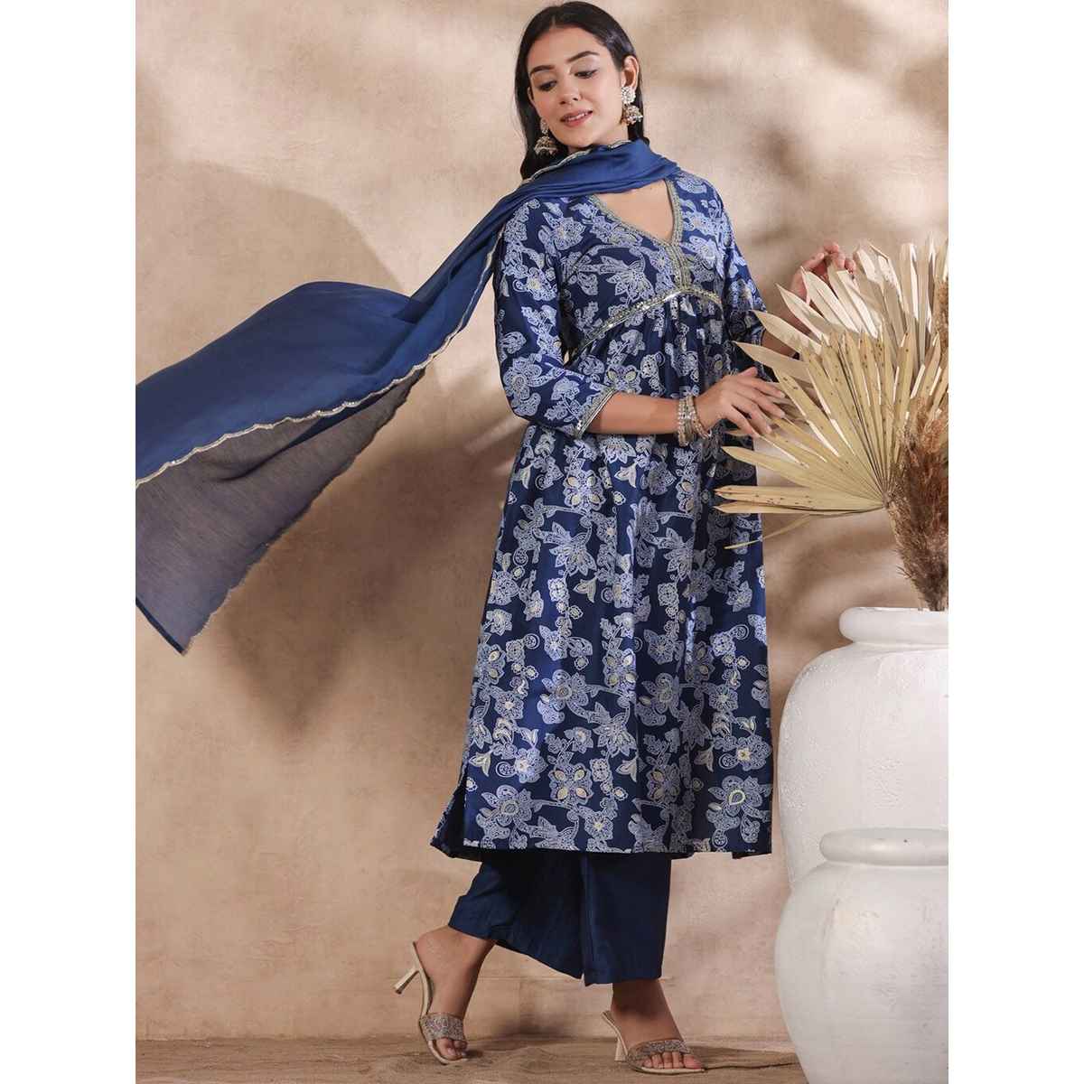 Ishin Women Straight Ethnic Poly Silk Kurta Set | INWSDAW231152 | Navy - XL