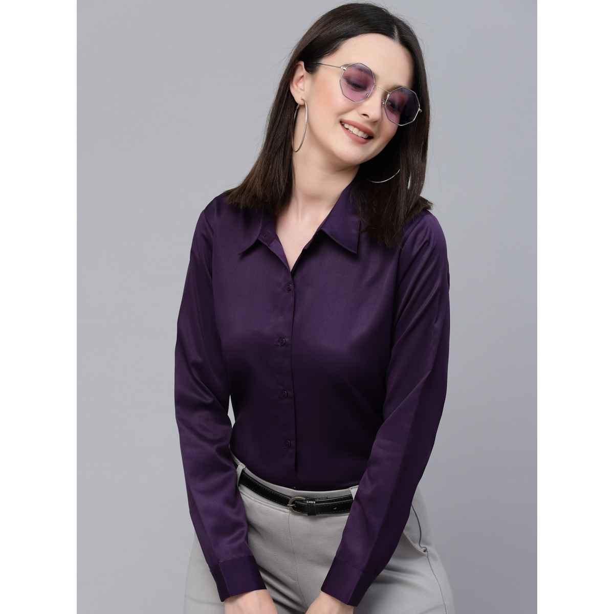 Style Quotients Women Solid Wine Satin Casual Shirt | S | SS23SQARTHASAT - Wine