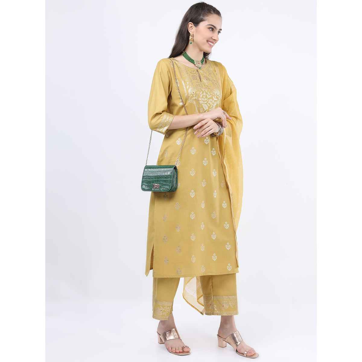 Ketch Women's Yellow Printed Kurta With Palazzos Dupatta | L