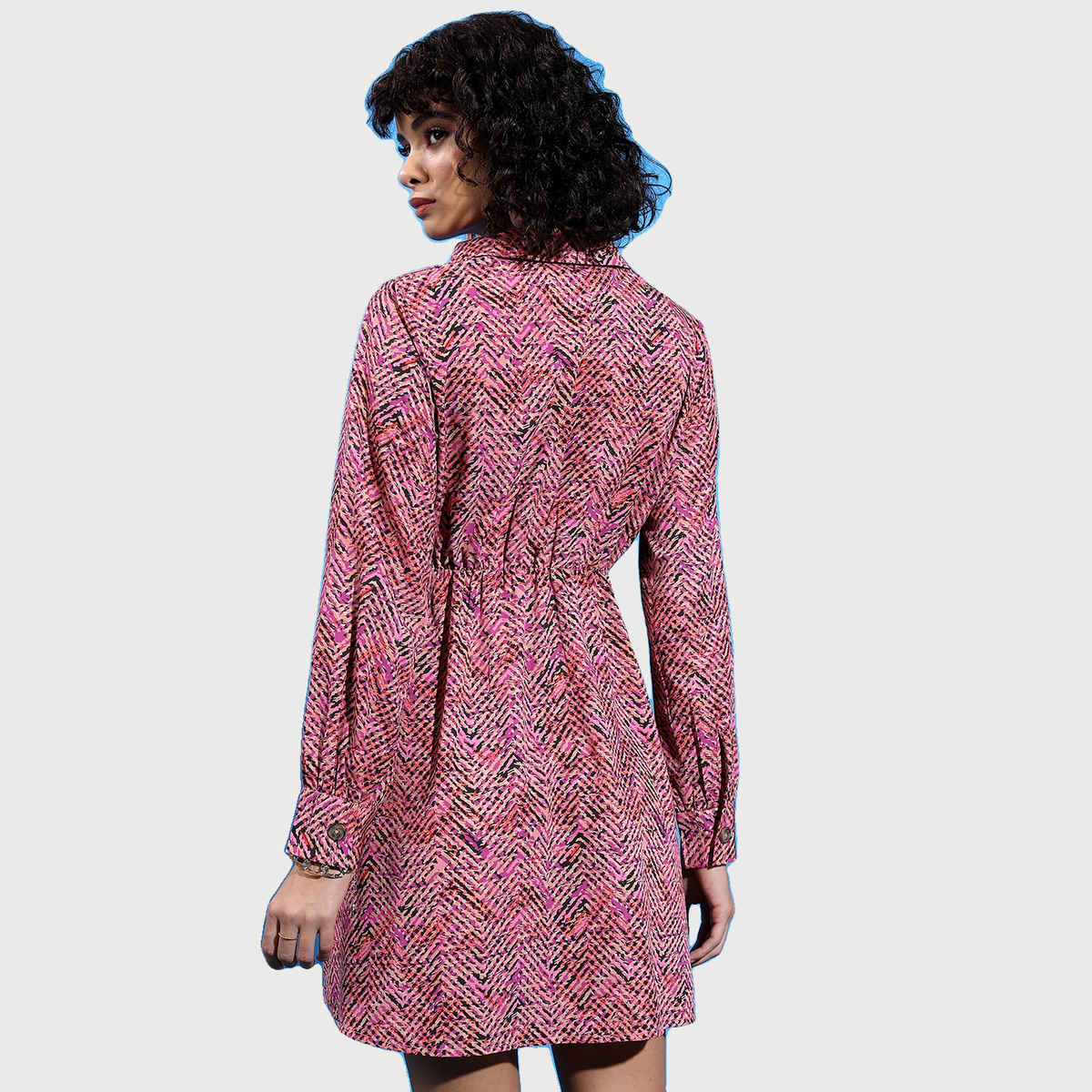 Ketch Women's Abstract Printed Gathered Lapel Collar Shirt Dress | Pink | L