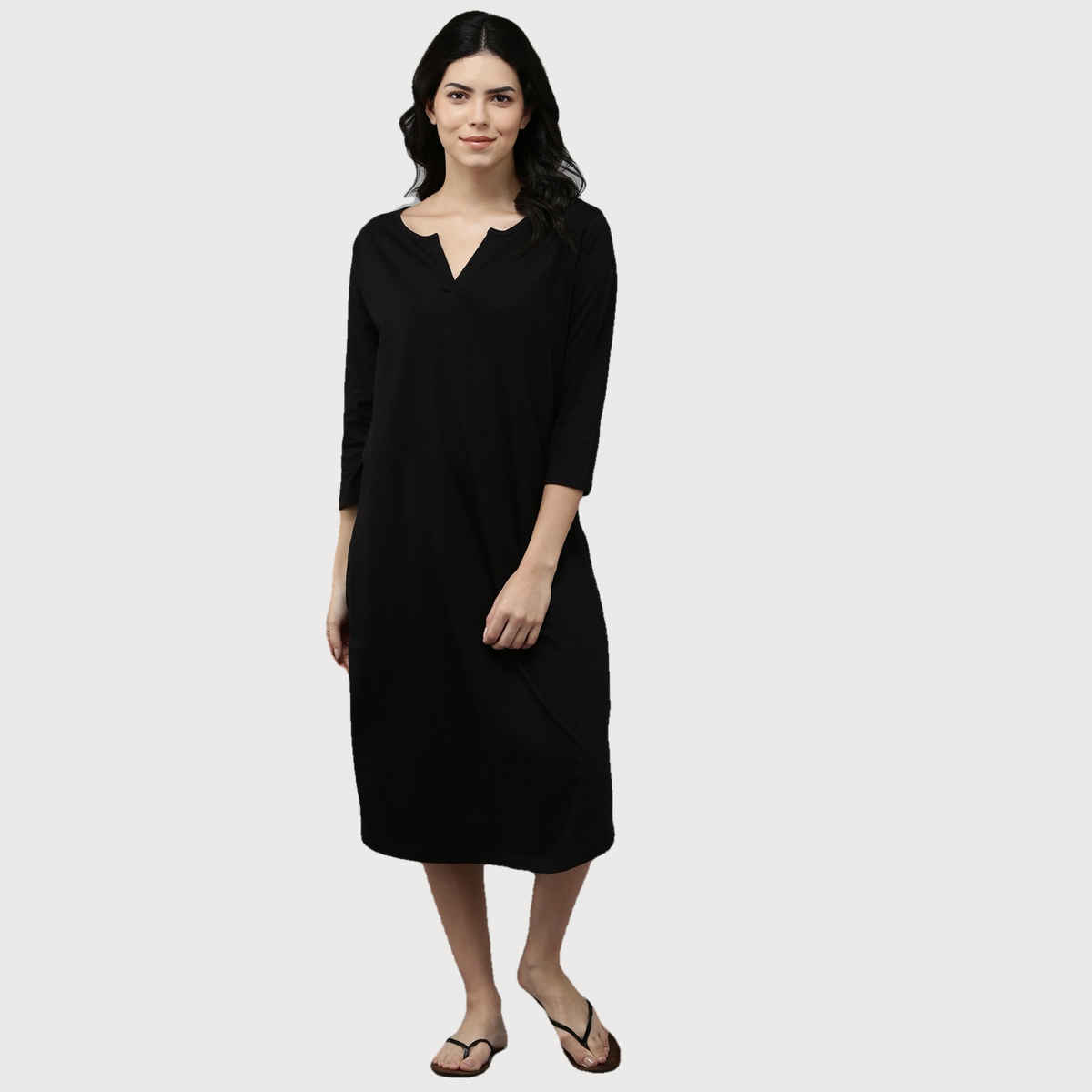 Kryptic Women's Solid Pure Cotton Maxi Nightdress | Black - M