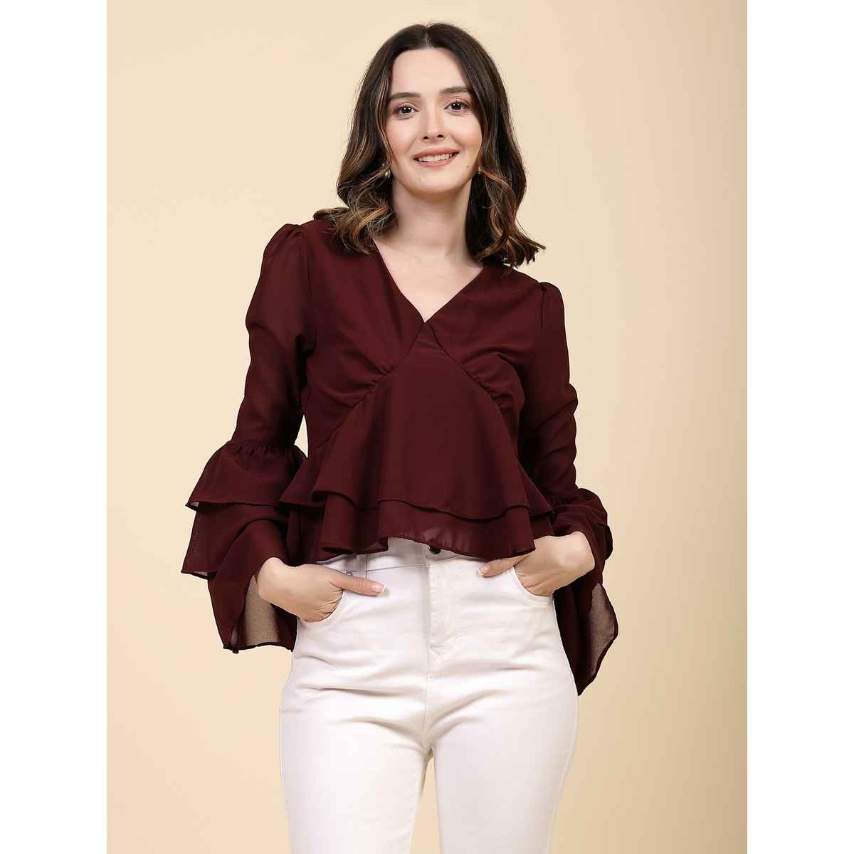 Freehand Women's Fit and Flare Solid Casual Ruffled Top | Maroon | L