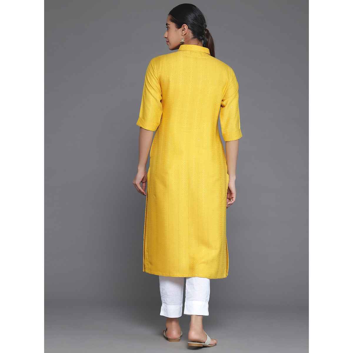Libas Women's Yellow Woven Design Cotton Straight Kurta | 26876 - L