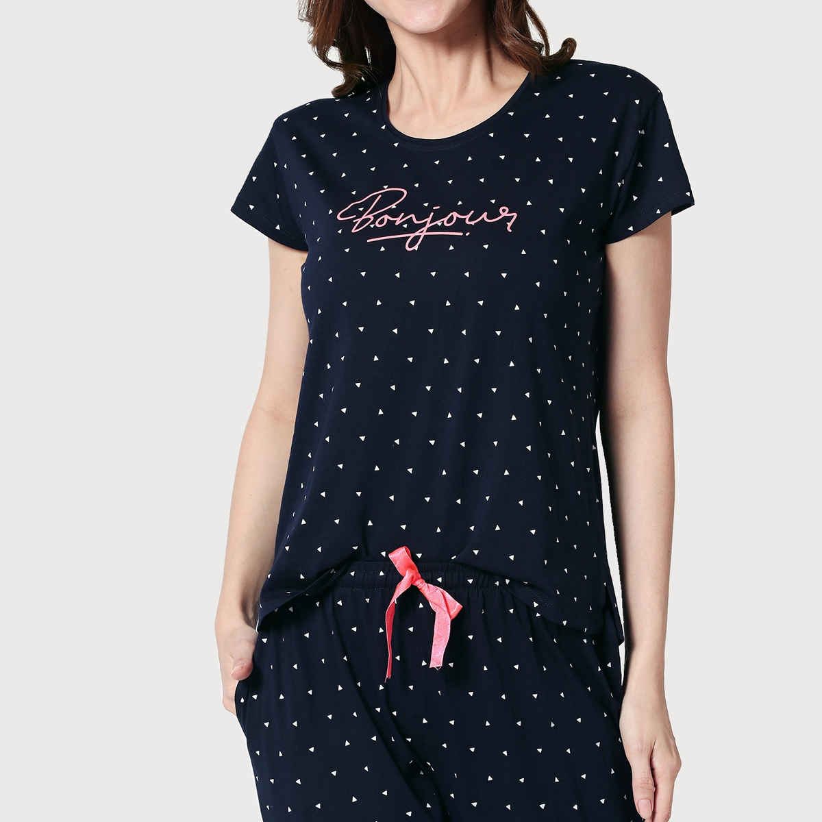 Zeyo Women Cotton 3 Pcs | Top-Pyjama-Shorts Triangle Printed Navy Blue Night Suit 5360-NY- M