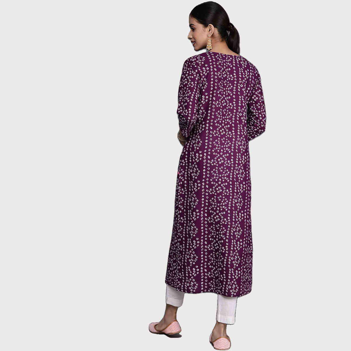 Varanga Women's B&hani Printed Kurta Gota Embroidery Round Neckline | VKUR222 | Purple & White - XL