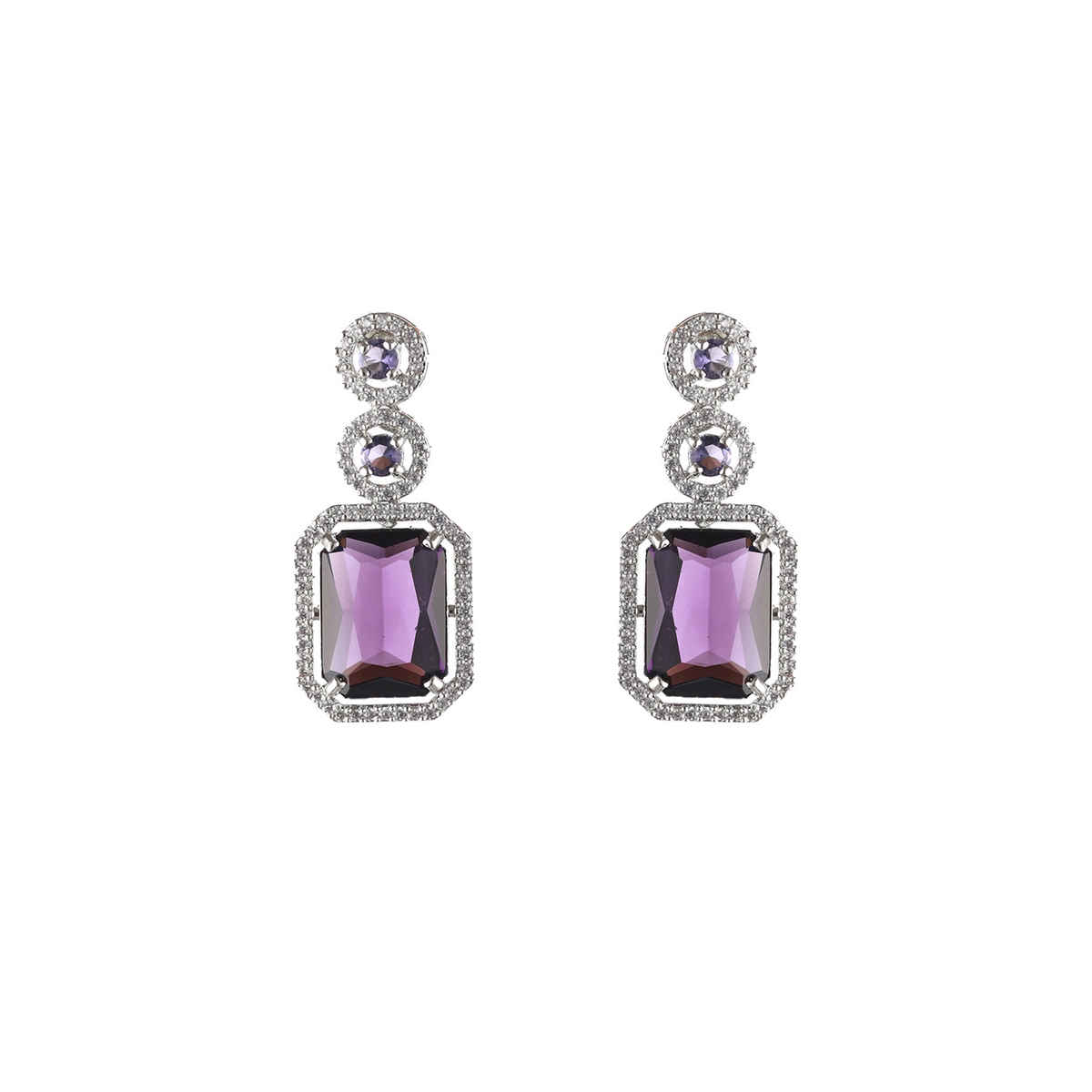 Aatmana Silver Plated Purple American Diamond Studded Drop Earrings