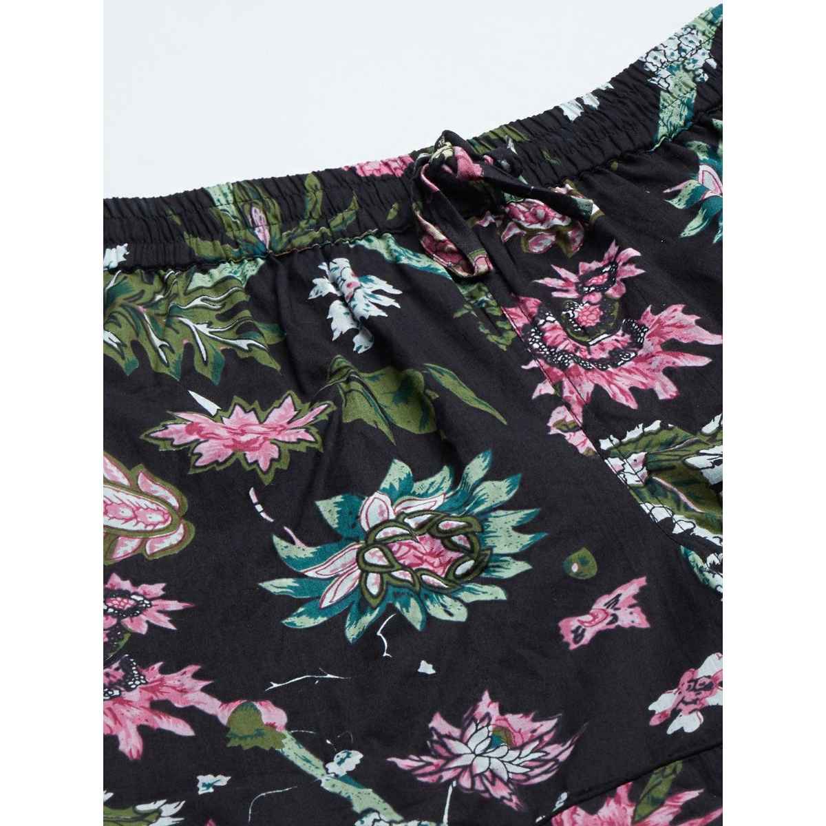 Divena Cotton Floral Print Women's Night Suit | DK0222 | Black - M