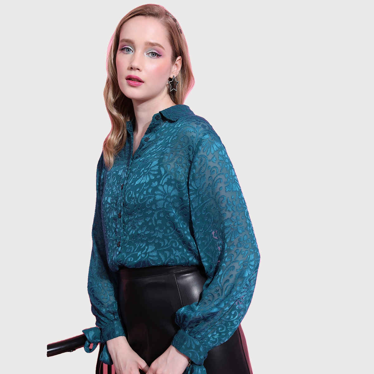 Ketch Women's Self Design Semi Sheer Lace Shirt Style Top | Teal | L