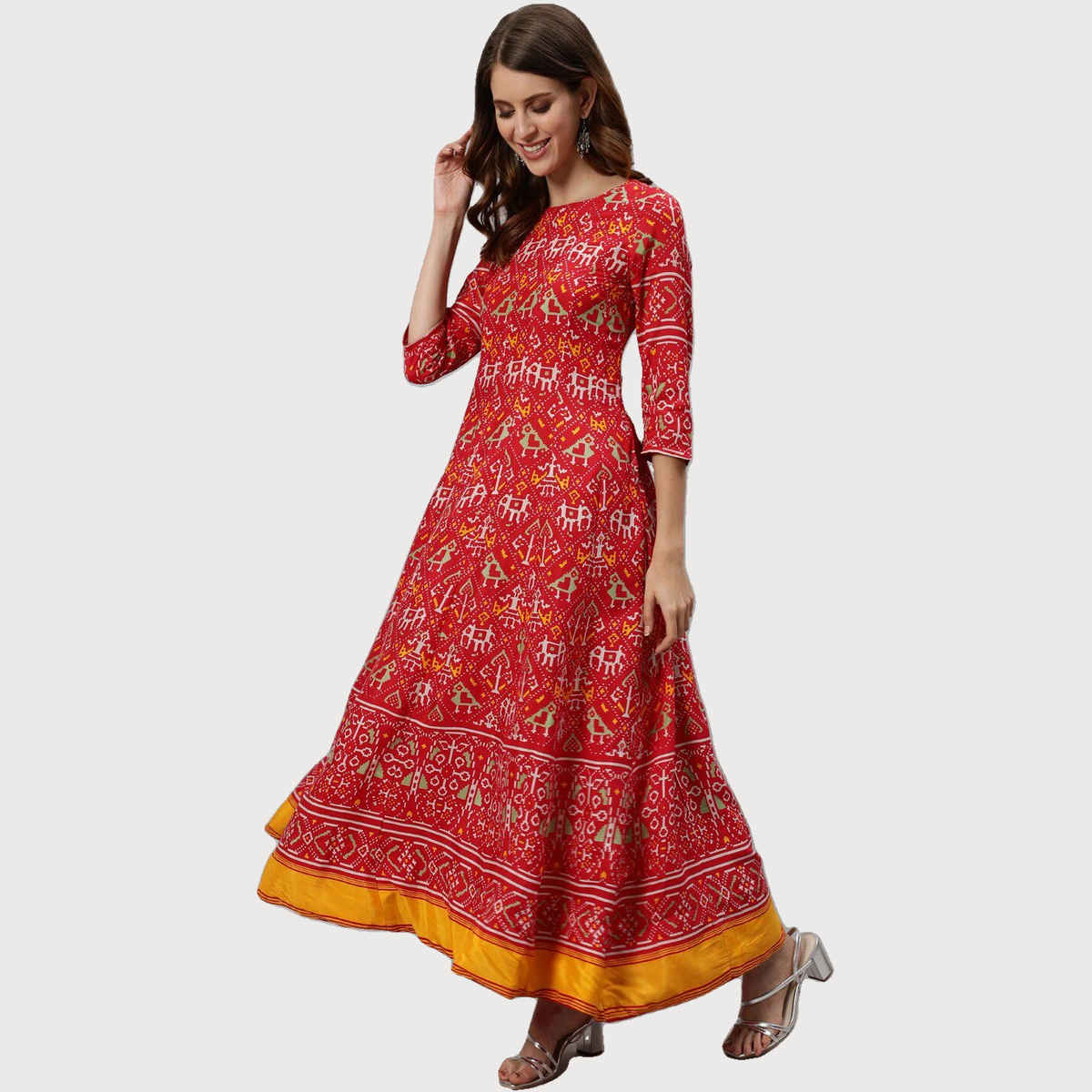 Ishin Women Panelled Anarkali Kurta | KSGL-9065 | Red Patola - L