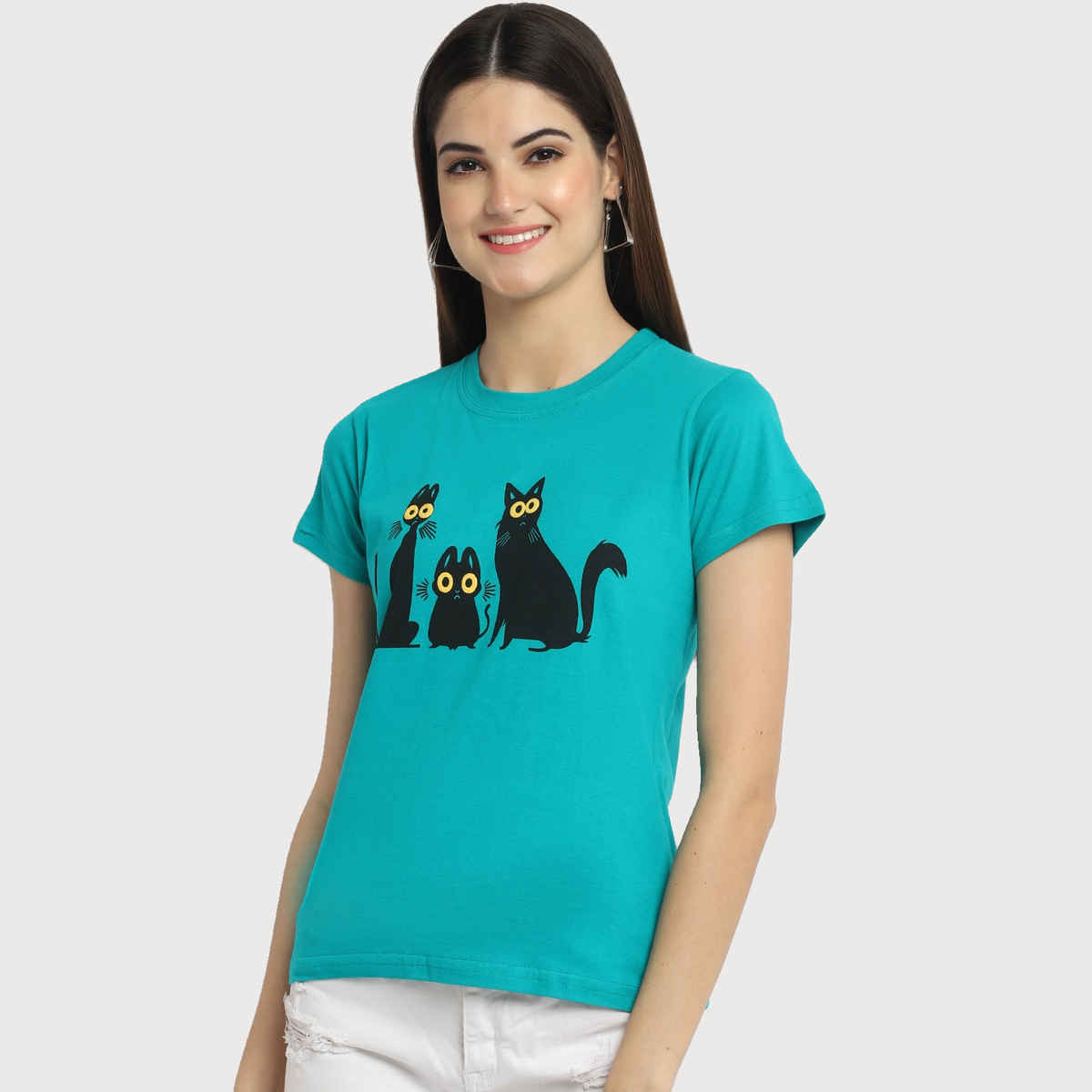 Fabflee Women Regular Cotton Printed Round Neck Tshirt | Aqua Blue | FAB-WT-39 | XL