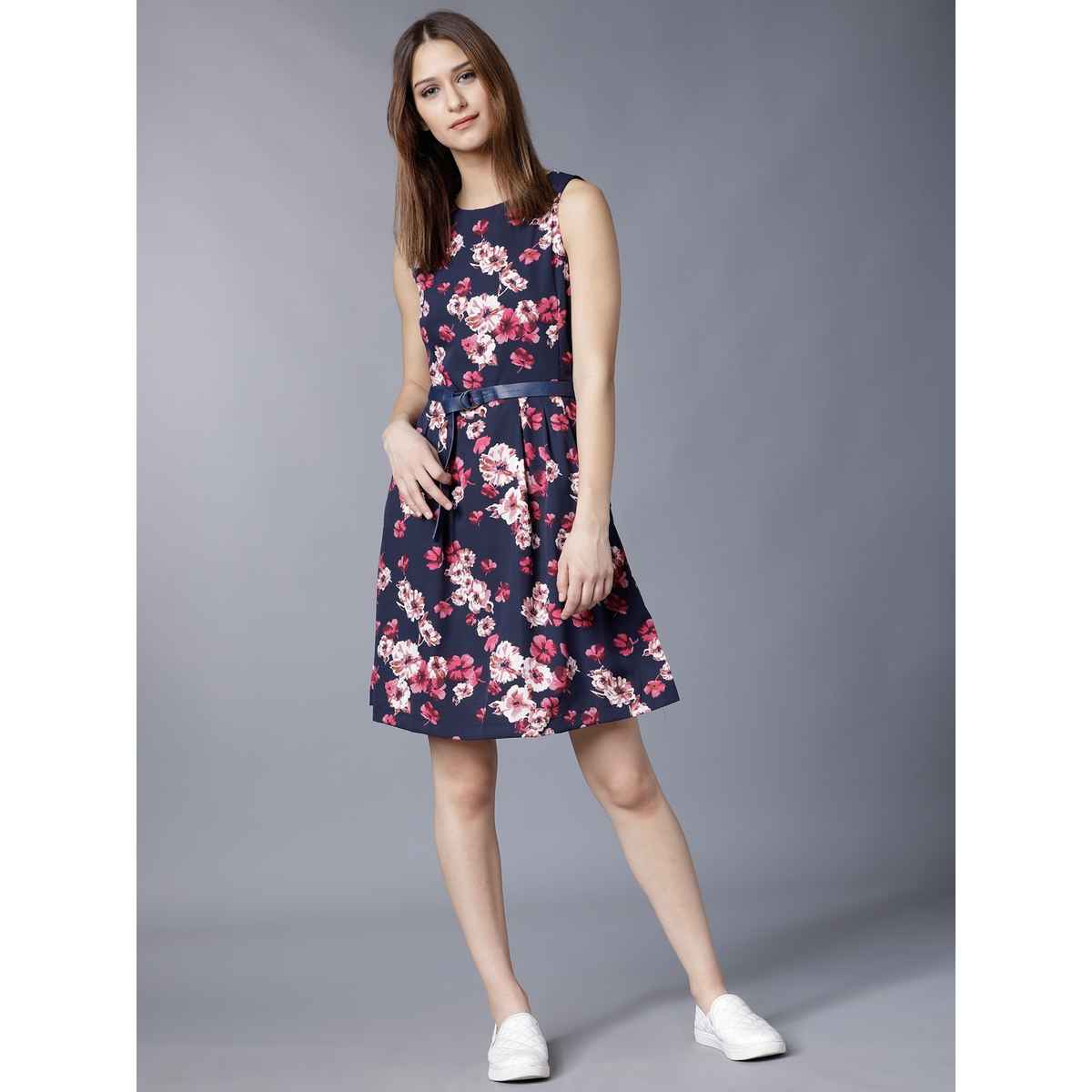Tokyo Talkies Women's Floral Printed Fit And Flare Dress | Blue - M