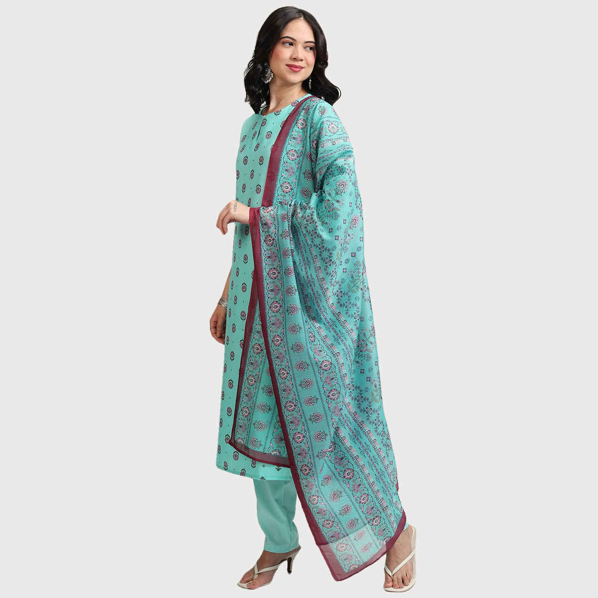Ketch Women's Dusty Aqua Printed Straight Kurta With Slim Pants And Printed Dupatta | L