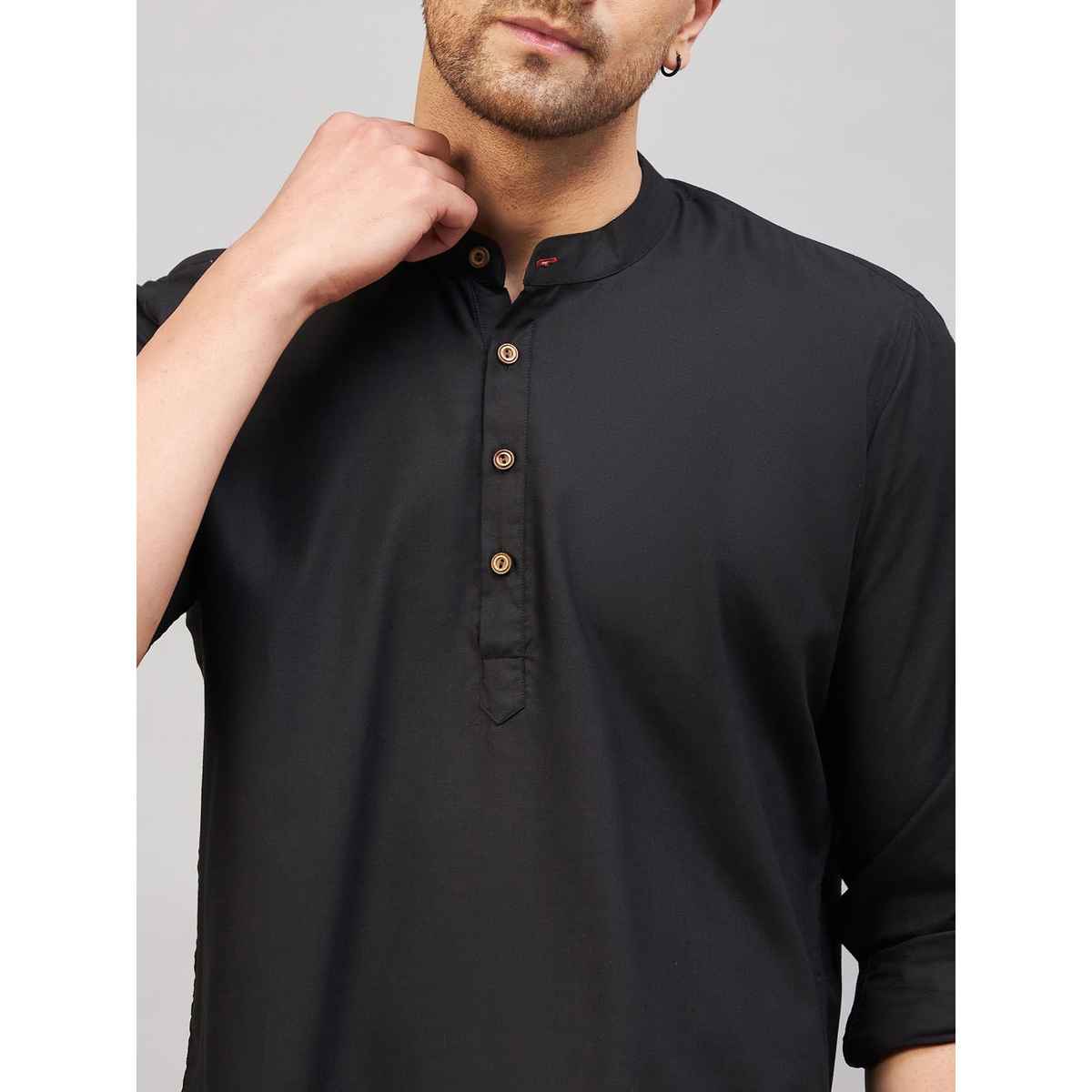 Vastramay Men's Black Cotton Blend Short Kurta | XL