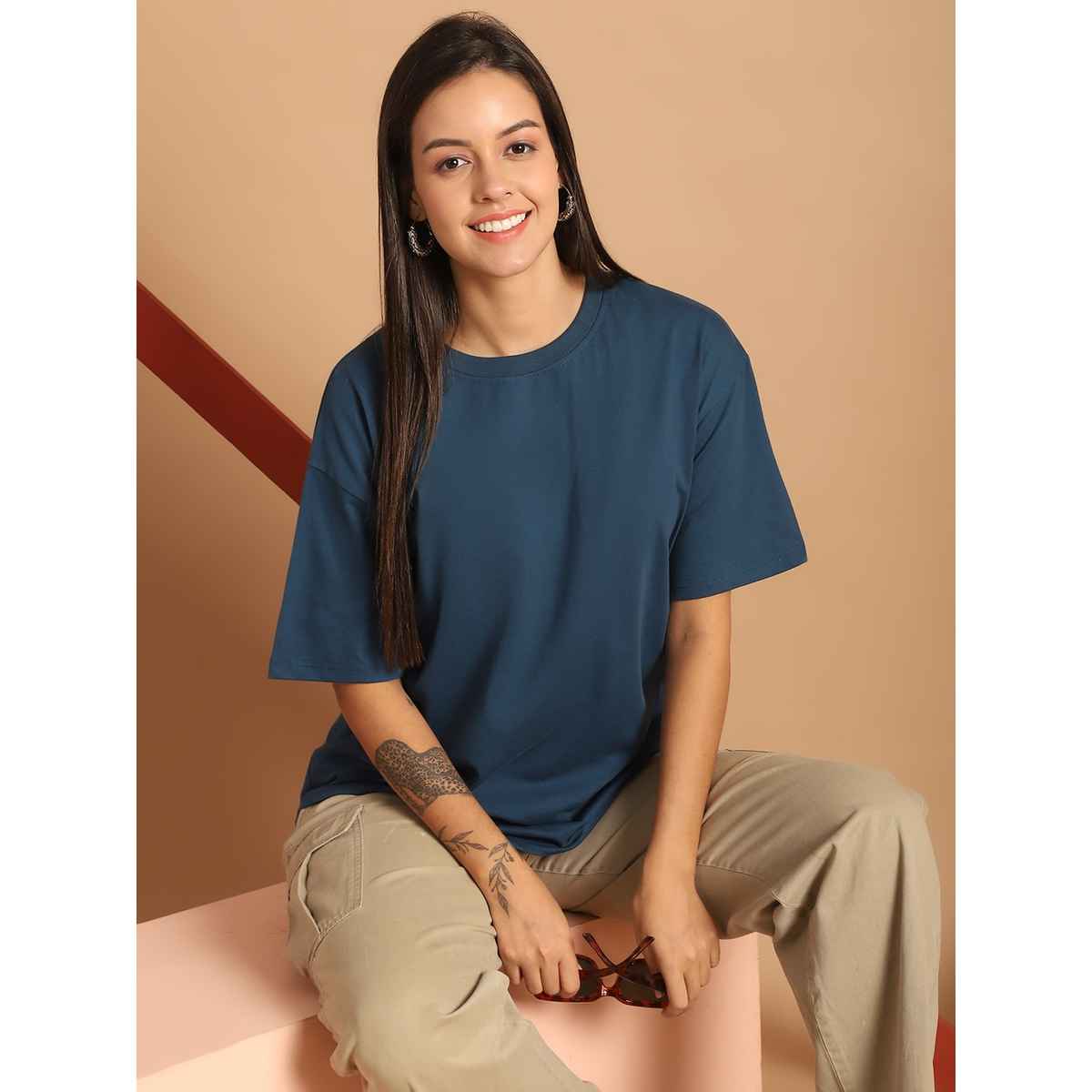 Fabflee Women Oversize Cotton Printed Round Neck Tshirt | Blue | FAB-OS-507 | S