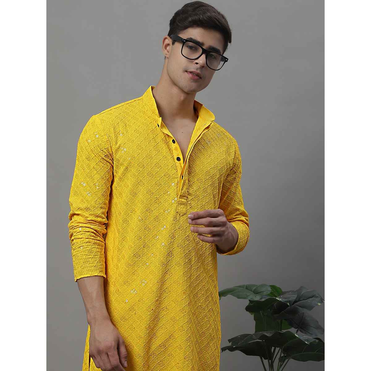 Jompers Embroidered and Sequence Kurtas for Men s | KO 695 Yellow | M