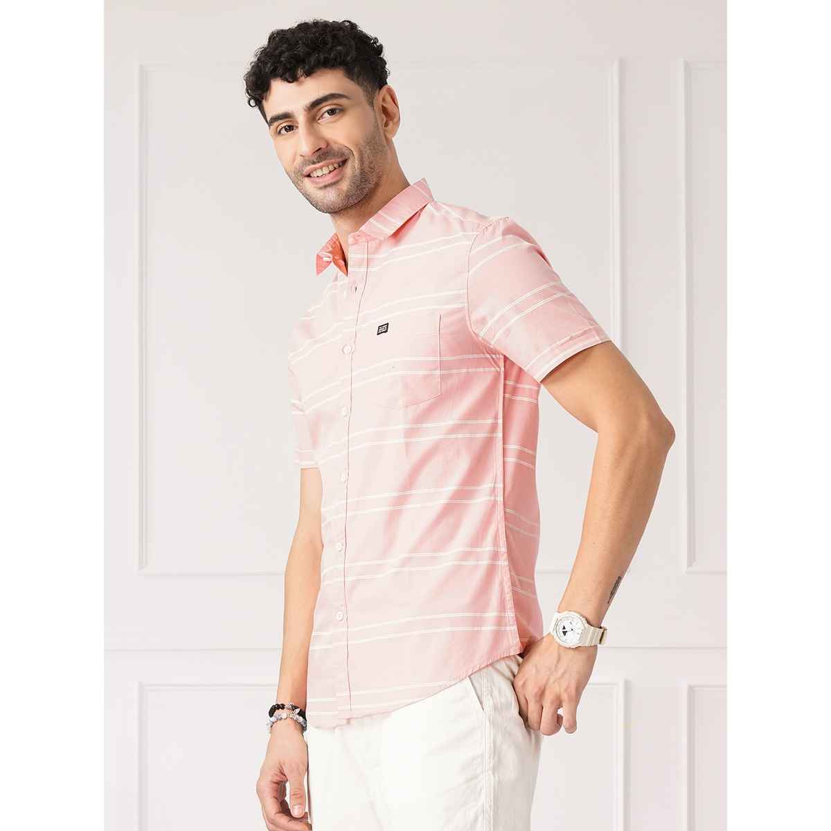 The Indian Garage Co Men's Slim Fit Striped Casual Shirt | Pink - L