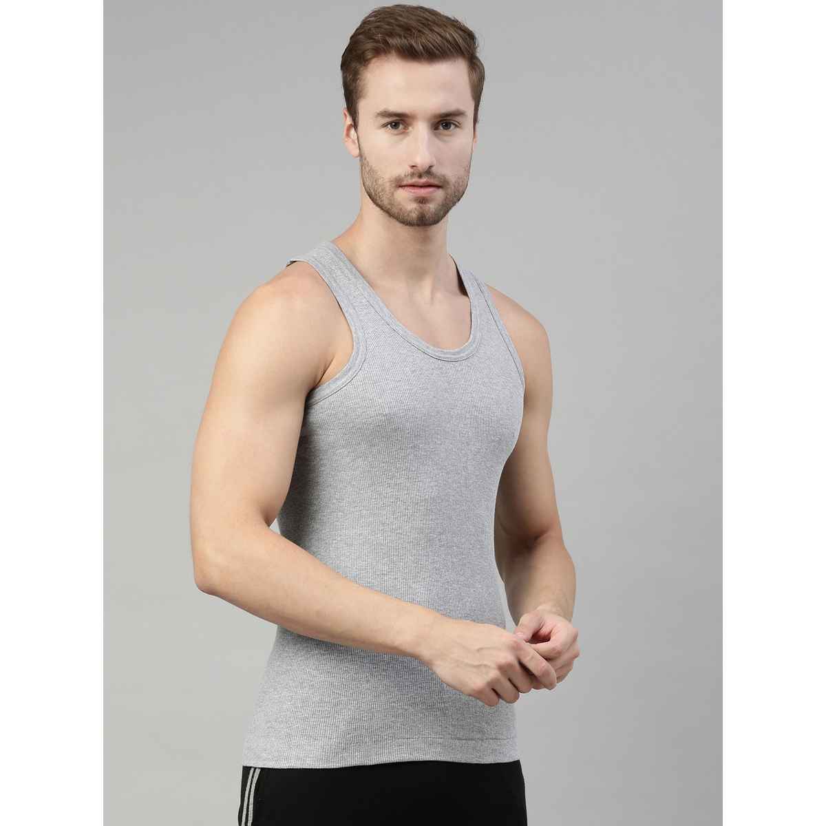 Dixcy Scott Men's Solid 100% Combed Cotton Round Neck Sleeveless Vest | Grey - L