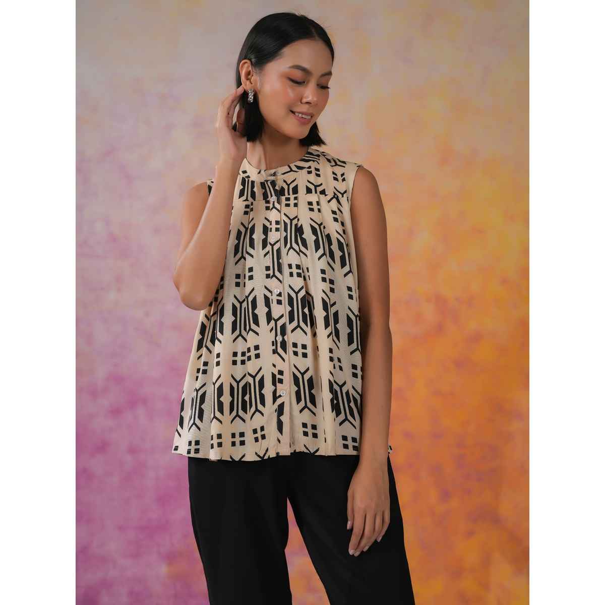 Sanskrutihomes Printed Mandarin Collar Top With Trousers for Women s | Black | L