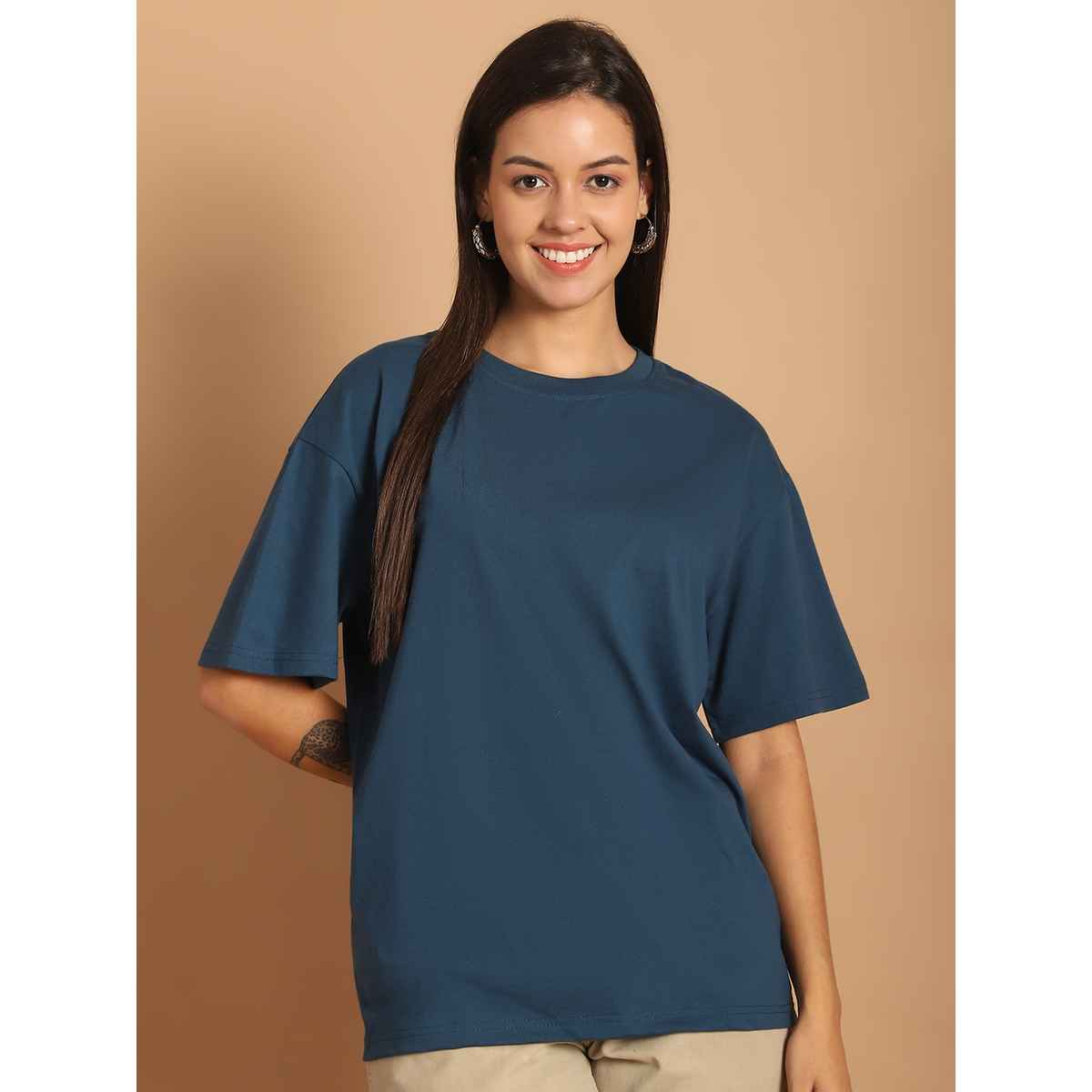 Fabflee Women Oversize Cotton Printed Round Neck Tshirt | Blue | FAB-OS-507 | S