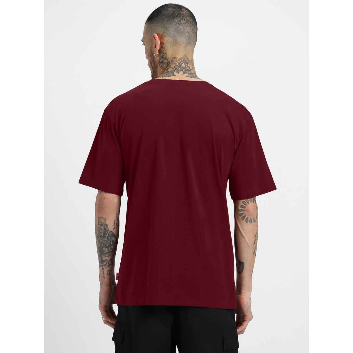 Veirdo Pure Cotton Oversized Fit Round Neck Maroon T-Shirt For Men - S