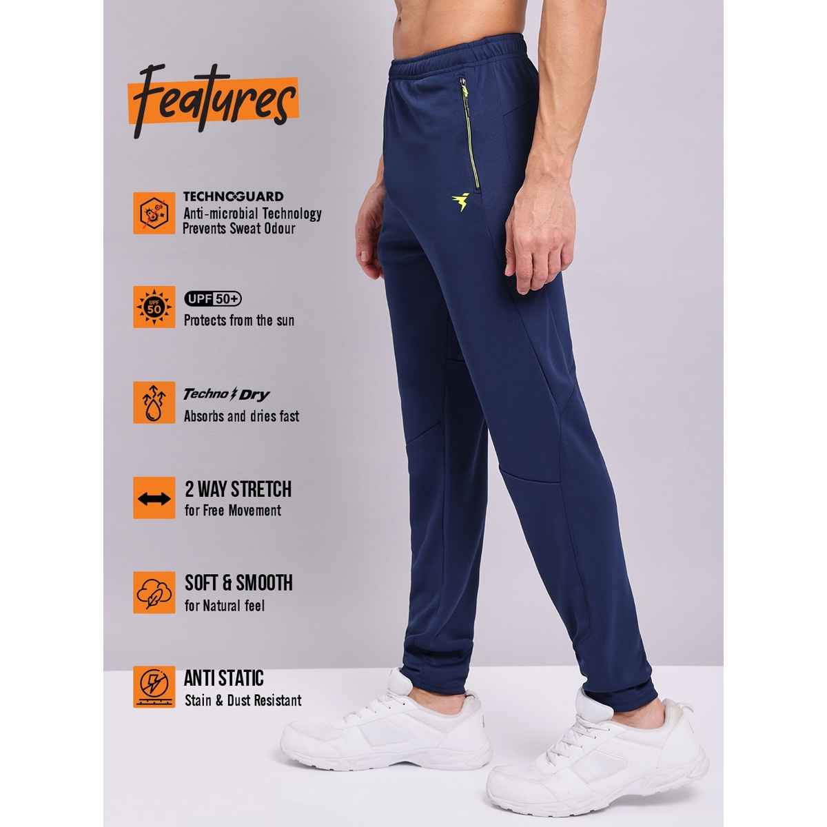 Technosport Men Poly Solid Slim Fit Sports Trackpants with TECHNO DRY | Navy | L