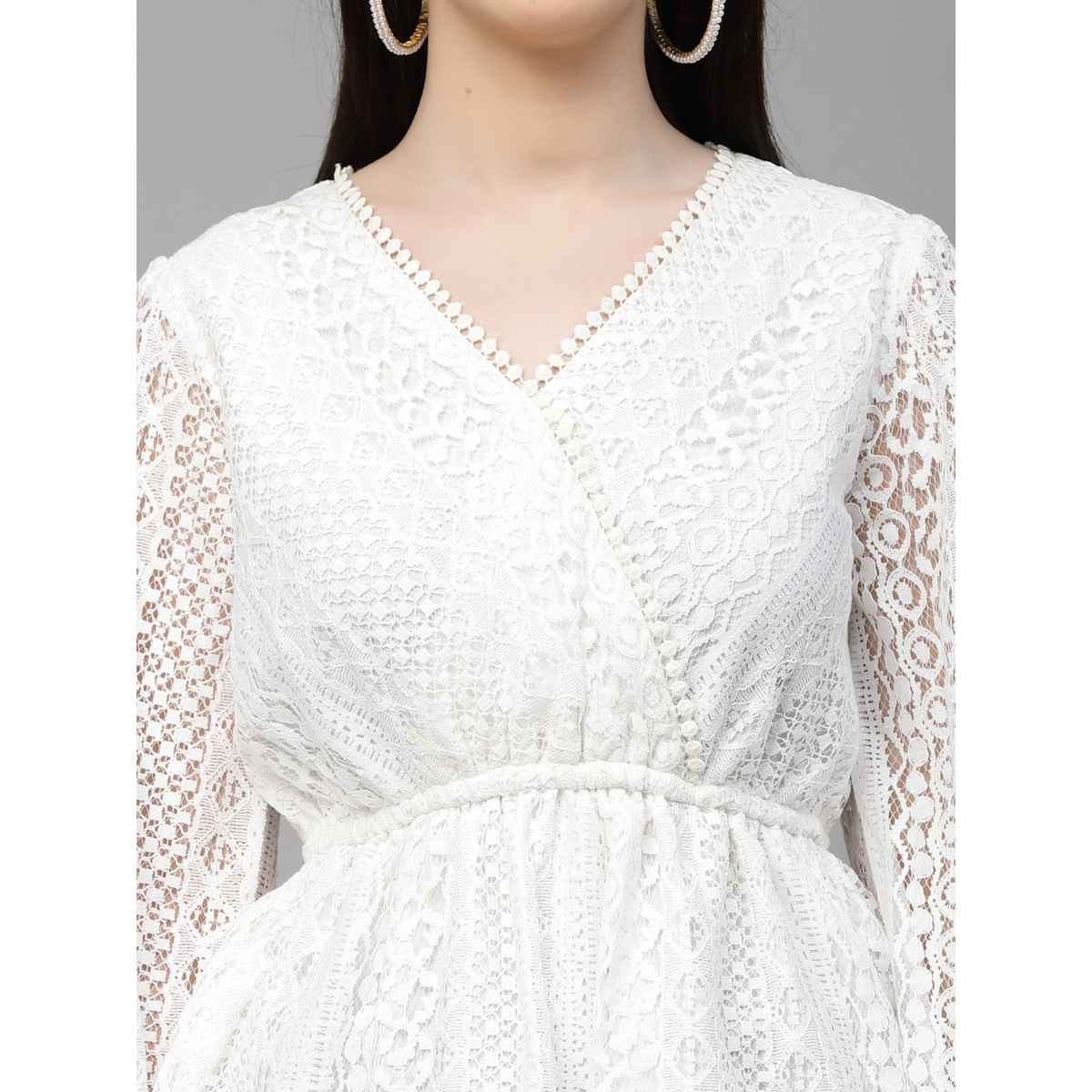 Style Quotient Women White Self Design Lace Regular Casual Peplum Top | L | SS23SQLACEY - White
