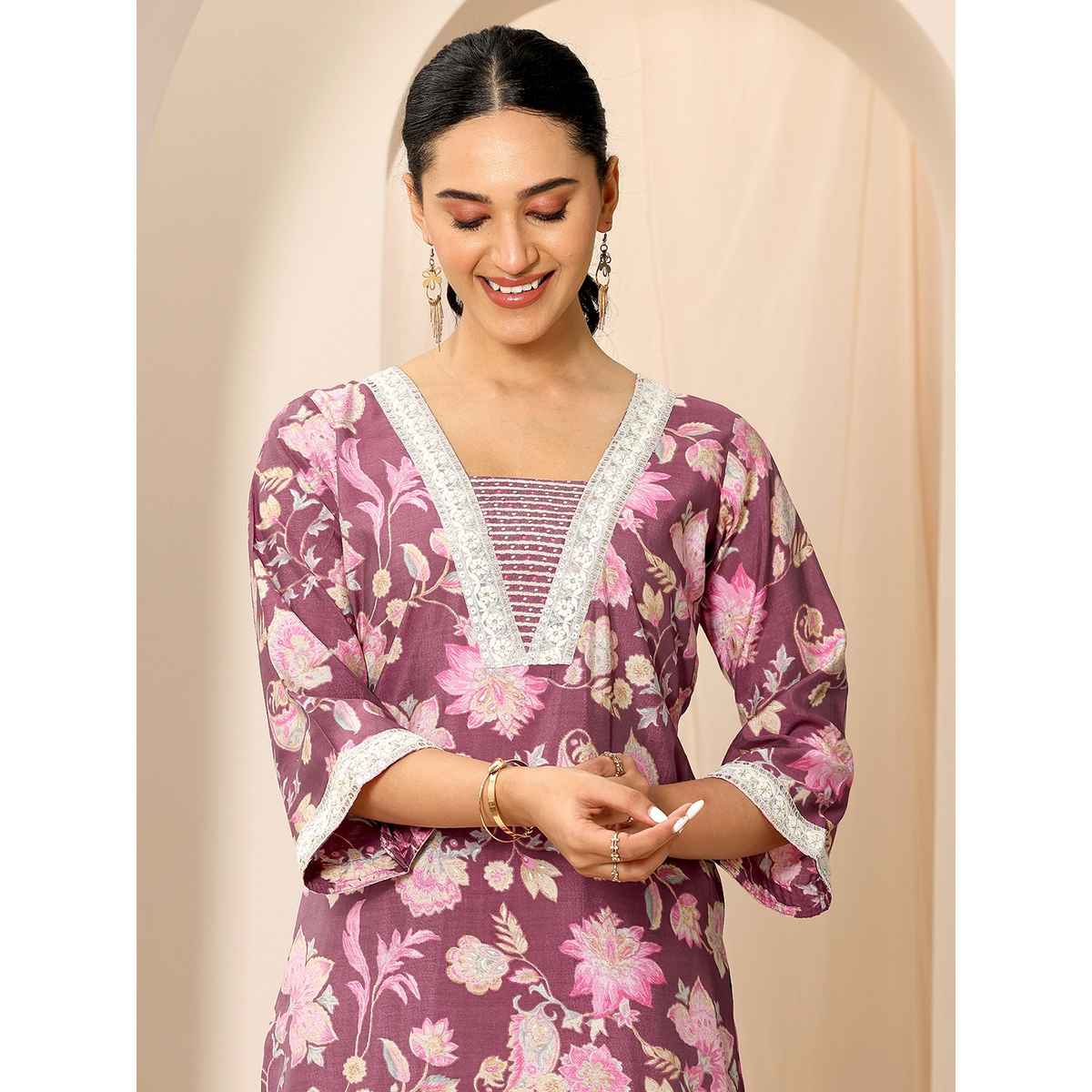 Libas Women's Printed Silk Blend Straight Kurta Set | Mauve - S