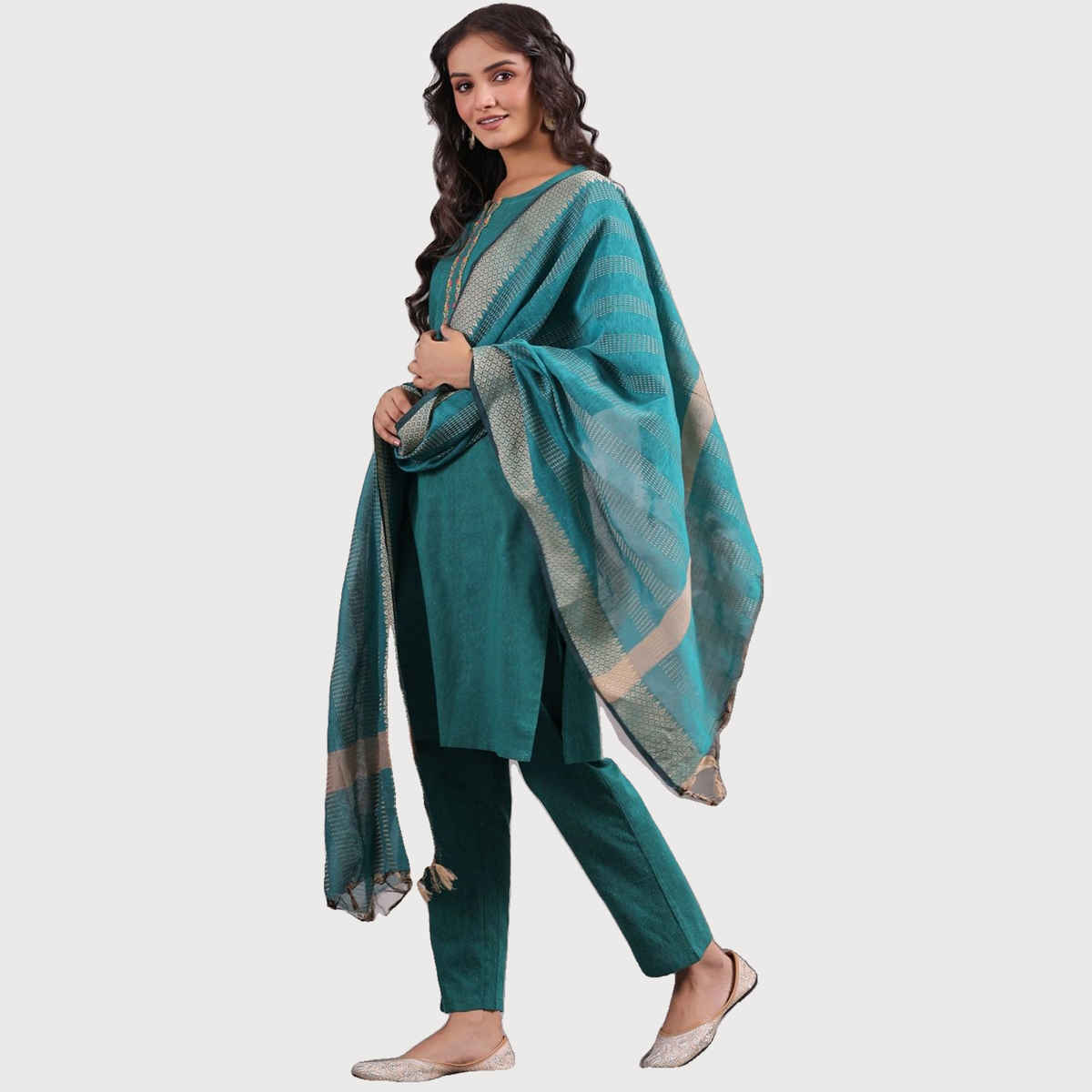 Anubhutee Women's Ethnic Wear Cotton Blend Straight Kurta Set with Dupatta | Green - S