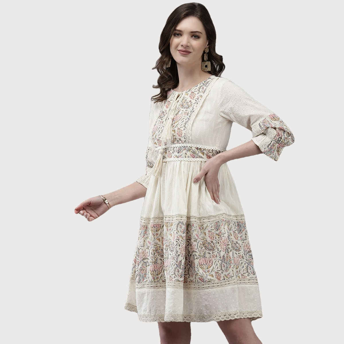 Ishin Women's Off White Floral Embroidered Tie-up Neck a-line Dress - L | Topknm-21027